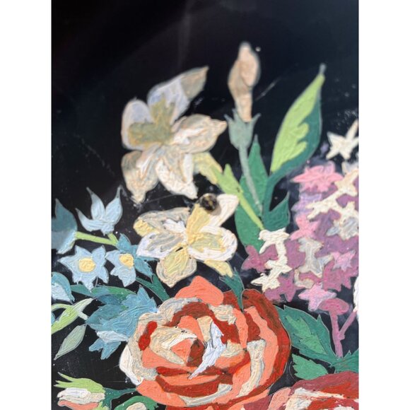 Antique 1930s Metal Toleware Hand Painted wall Plate Roses Flowers - Picture 9 of 16